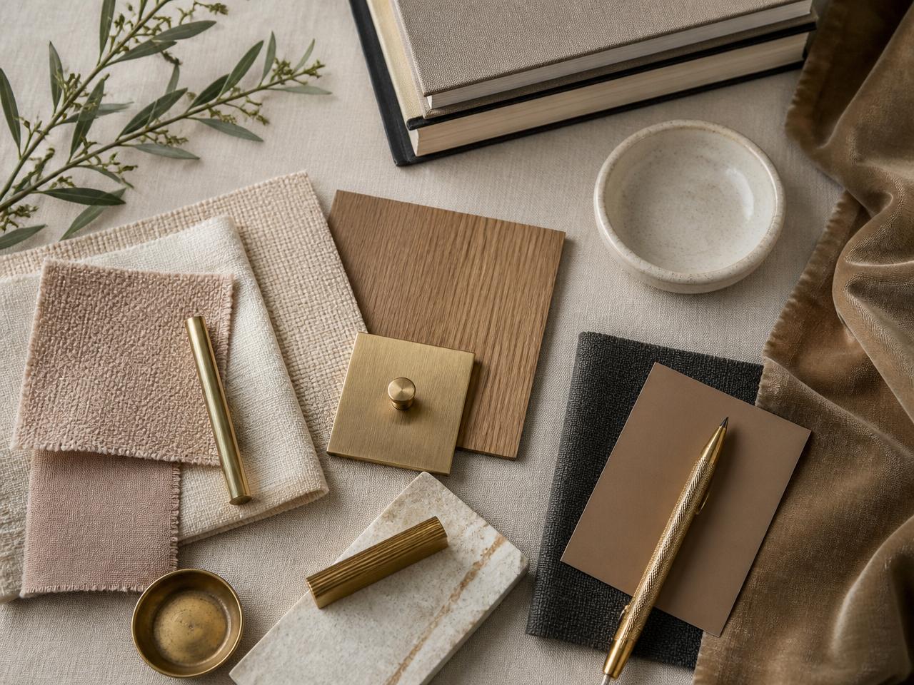 Editorial designer mood board with linen swatches, oak veneer, brass hardware, and dried olive branches.