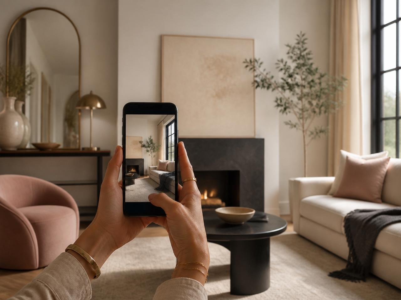 A person holding a smartphone to photograph a warmly lit living room.