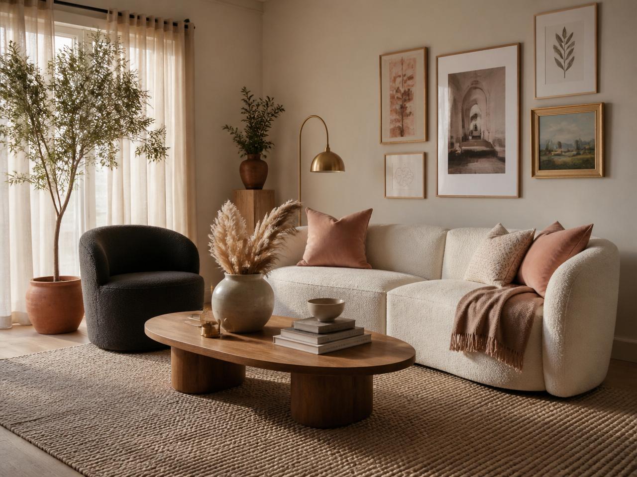 A fully styled modern living room with cream boucle sofa, blush pillows, oak coffee table, and a gallery wall.